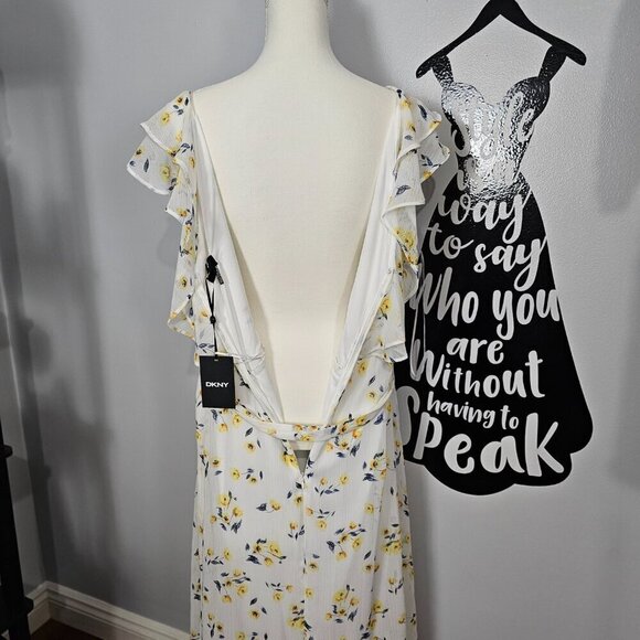 DKNY Ruffle Flutter Sleeve Floral Belted Hi-Lo Midi Dress New - Picture 9 of 14